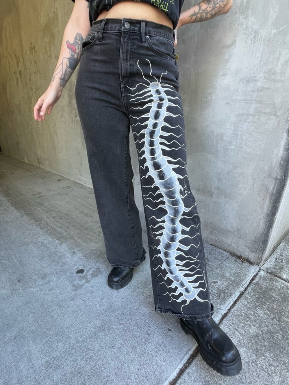 Hand Painted Block Stamp Centipede Gothic Grunge Jeans